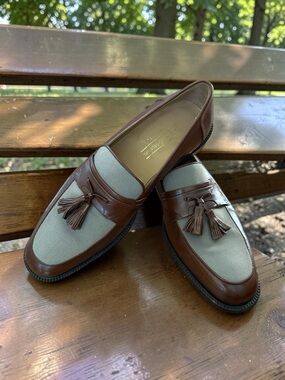 Vintage- Johnston & Murphy Brown Leather and Beige Fabric Tassel Loafers
